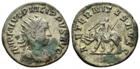 Philip II, 247-249 Antoninianus Antiochia circa 247-249, AR 21.5mm., 22g. Radiate, draped and cuirassed bust l. Rev. Elephant l., guided by rider with...
