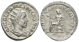 Herennius Etruscus Caesar, 250-251 Antoninianus circa 250-251, AR 21mm., 3.87g. Radiate, draped and cuirassed bust r. Rev. Apollo seated l., holding b...