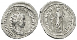 Hostilian Caesar, 251 Antoninianus circa, AR 22.5mm., 3.32g. Radiate, draped and cuirassed bust r. Rev. Hostialian standing l., holding standard and r...
