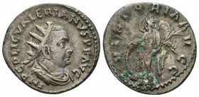 Valerian I, 253-260 Antoninianus circa 256-257, AR 22.5mm., 4.72g. Radiate, draped and cuirassed bust r. Rev. Victory standing l., holding palm and le...