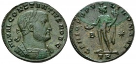Constantius I Caesar, 293-305 Follis Treveri circa 297-298, Æ 27mm., 10.37g. Laureate and cuirassed bust r. Rev. Genius standing l., holding patera an...