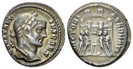 Constantius Caesar, 293-305 Argenteus circa 294, AR 17.5mm., 3.14g. CONSTANTIVS CAES Laureate head r. Rev. VICTORIA SARMAT Tetrarchs sacrificing befor...