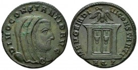 Divus Constantius Follis Aquileia circa 307-310, Æ 24.5mm., 6.92g. Veiled bust r. Rev. Eagle standing facing, head l., on two-doored altar enclosure; ...