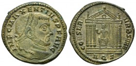 Maxentius, 306-312 Follis Aquileia circa 308-309, Æ 26.5mm., 5.95g. Laureate head r. Rev. Hexastyle temple, with crown in pediment and containing Roma...
