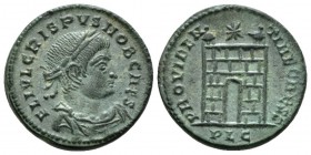 Crispus caesar, 317-326 Æ3 circa 324-325, Æ 19mm., 3.44g. Laureate and draped bust r. Rev. Camp gate with three turrets. RIC 227.

Attractive green ...