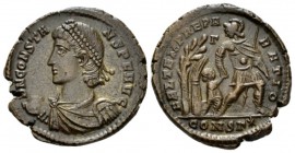 Constans, 337-350 Æ2 Constantinople circa 348-350, Æ 22mm., 4.33g. Pearl-diademed, draped bust l., holding globe in l. hand. Rev. FEL TEMP.REPA - RATI...