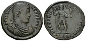Jovian , 363-364 Æ1 Thessalonica circa 363-364, Æ 29mm., 8.76g. Laurel and rosette-diademed, draped, and cuirassed bust r. Rev. Jovian standing facing...
