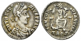 Theodosius I, 379-395 Siliqua Treveri circa 378-383, AR 18mm., 1.75g. Pearl-diademed, draped and cuirassed bust r. Rev Roma seated facing on throne, h...