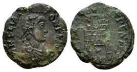 Flavius Victor, 387-388 Æ4 Aquileia circa 387-388, Æ 14mm., 1.34g. Pearl-diademed, draped, and cuirassed bust r. Rev. Camp gate, with two turrets, no ...