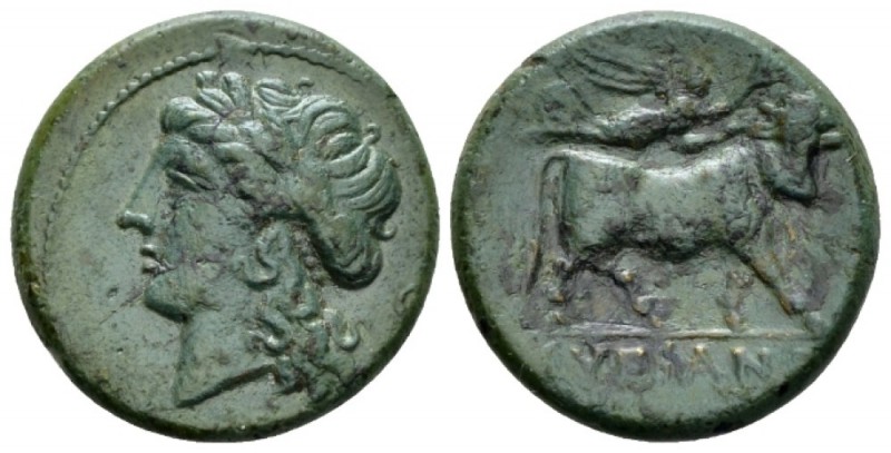 Campania, Suessa Bronze circa 265-240, Æ 20mm., 5.93g. Laureate head of Apollo l...