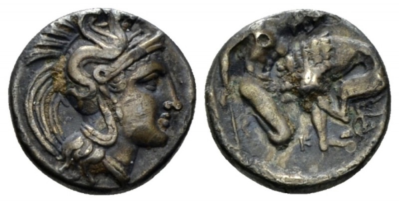 Calabria, Tarentum Diobol circa 380-325, AR 11.5mm., 1.06g. Head of Athena r., w...