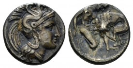 Calabria, Tarentum Diobol circa 380-325, AR 11.5mm., 1.06g. Head of Athena r., wearing crested helmet decorated with hippocamp. Rev. Herakles kneeling...