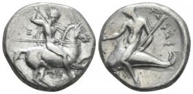 Calabria, Tarentum Nomos circa 325-281, AR 20.5mm., 7.61g. Naked ephebos on prancing horse r., holding in l. hand, reins, shield and two spears and st...