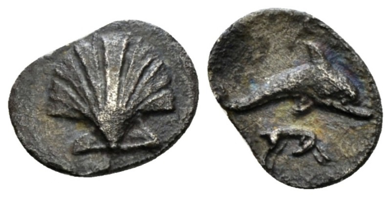 Calabria, Tarentum Litra circa 325-280, AR 11mm., 0.58g. Scallop shell. Rev. Dol...