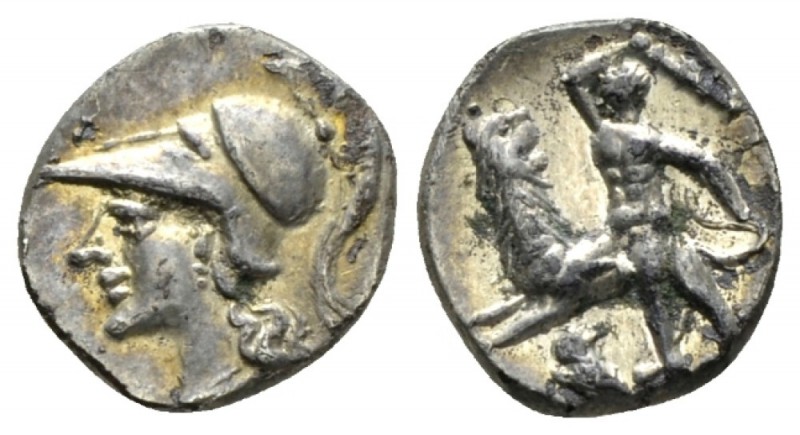 Calabria, Tarentum Diobol circa 325-280, AR 10mm., 0.94g. Head of Athena l., wea...