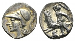 Calabria, Tarentum Diobol circa 325-280, AR 10mm., 0.94g. Head of Athena l., wearing crested Corinthian helmet. Rev. Herakles fighting Nemean lion l.;...