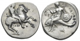 Calabria, Tarentum Nomos circa 302-290, AR 22.5mm., 7.85g. Warrior, holding shield and two spears, preparing to cast a third, on horseback r.; below, ...