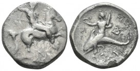Calabria, Tarentum Nomos circa 290-280, AR 20mm., 7.23g. Nude warrior, holding two spears and preparing to throw a third, shield on l. arm, on horseba...