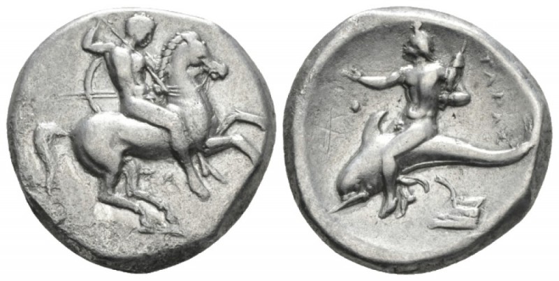 Calabria, Tarentum Nomos circa 290-281, AR 20.5mm., 7.66g. Horseman r., spearing...