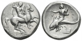 Calabria, Tarentum Nomos circa 290-281, AR 20.5mm., 7.66g. Horseman r., spearing downward with r. hand and holding shield and two more spears with l.;...