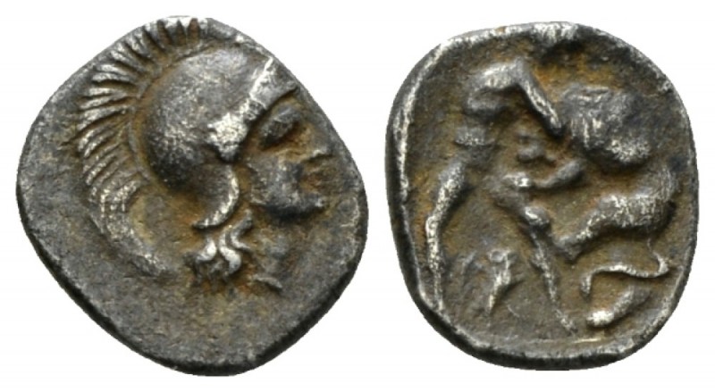 Calabria, Tarentum Diobol circa 280-228, AR 10mm., 1.09g. Head of Athena r., wea...