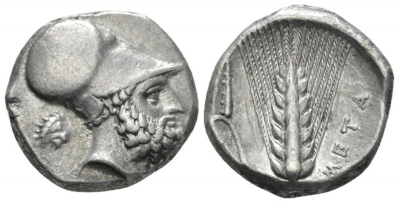 Lucania, Metapontum Nomos circa 340-330, AR 19.5mm., 7.90g. Helmeted head of Leu...