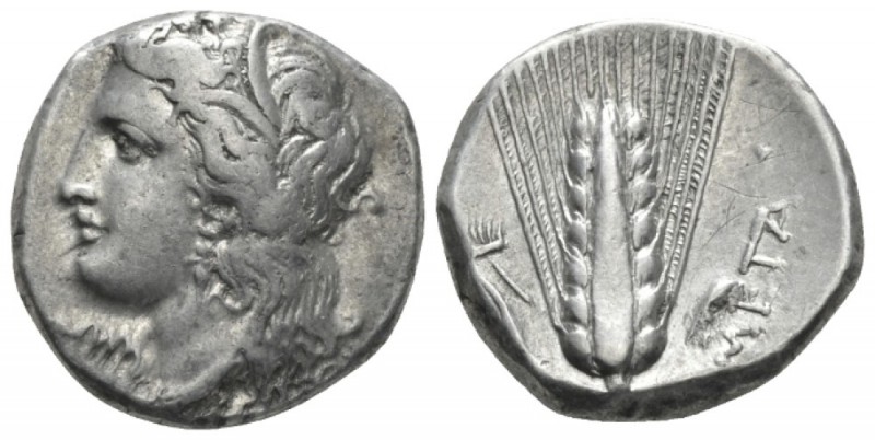 Lucania, Metapontum Nomos circa 330-290, AR 19mm., 7.86g. Wreathed head of Demet...