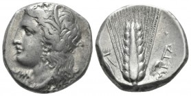 Lucania, Metapontum Nomos circa 330-290, AR 19mm., 7.86g. Wreathed head of Demeter l.; below chin, ΔΩPI. Rev. Barley ear of seven grains with leaf to ...