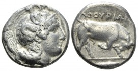 Lucania, Thurium Dinomos circa 410-400, AR 25.5mm., 15.67g. Head of Athena r., wearing crested Attic helmet decorated with Scylla scanning and neck gu...