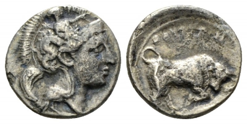 Lucania, Thurium Triobol circa 400-350, AR 11.5mm., 1.12g. Helmeted head of Athe...