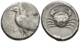 Sicily, Agrigentum Tetradrachm circa 475-472 or later, AR 25.5mm., 17.30g. AKRAC – ANTOΣ (retrograde) Eagle standing l., with closed wings. Rev. Crab,...