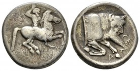 Sicily, Gela Didrachm circa 490-475, AR 20mm., 8.12g. Bearded horseman, nude, riding r., brandishing spear in his upraised r. hand. Rev. Forepart of m...