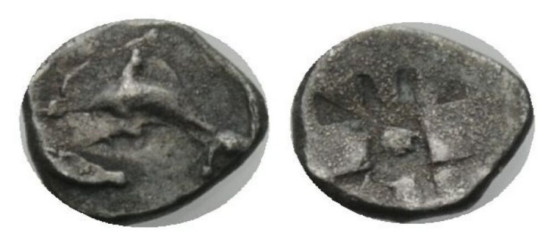 Sicily, Messana as Zankle Tetartemorion circa 500-493, AR 6mm., 0.11g. Dolphin l...