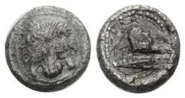 Sicily, Messana as Zankle, Samian occupation, Diobol circa 493-488, AR 9mm., 0.90g. Sicily, circa 493-48, AR 8mm., 0.90g. Facing lion's scalp. Rev. Pr...