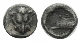 Sicily, Messana as Zankle, Samian occupation, Tetartemorion circa 493-488,, AR 5.5mm., 0.24g. Facing lion's scalp. Rev, Prow of a Samaina l. SNG ANS 3...