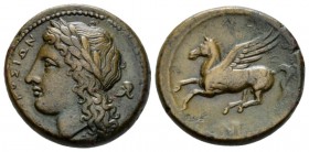 Sicily, Syracuse Bronze circa 317-289, Æ 18.5mm., 5.40g. Laureate head of Apollo l.; behind, Corinthian helmet. Rev. Pegasus flying l. Calciati 85.
...