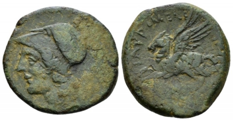 Sicily, Tauromenium Bronze circa 190-180, Æ 22.5mm., 6.71g. Helmeted head of Ath...