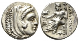 Kingdom of Macedon, Alexander III, 336 – 323 Sardes Drachm circa 323-322, AR 16.5mm., 4.30g. Head of Herakles r., wearing lion skin. Rev. Zeus seated ...