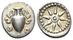 Locri Opuntii, Locris Obol early second quarter of the IV century, AR 11mm., 0.90g. O Π r. up, O N l. up. Two ivy leaves hang from the mouth of the va...