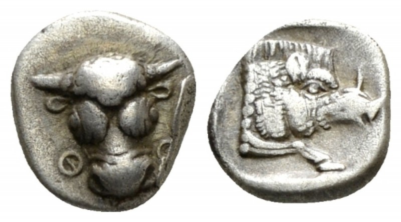 Phocis, Federal coinage Obol circa 485-480, AR 8.5mm., 0.92g. Frontal bull's hea...