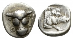 Phocis, Federal coinage Obol circa 485-480, AR 8.5mm., 0.92g. Frontal bull's head. Rev. Boar forepart to r. in incuse square, the hide depicted with s...