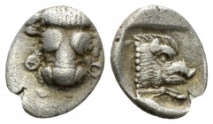 Phocis, Federal Coinage Obol circa 478-460, AR 10mm., 0.94g. Frontal bull's head of triangular shape. Rev. Boar forepart to r. in incuse square showin...
