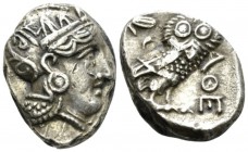 Attica, Athens Tetradrachm late IV early III century,, AR 19mm., 16.54g. Head of Athena r., wearing crested Attic helmet. Rev. Owl, with closed wings,...