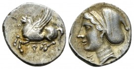 Corinthia, Corinth Drachm circa 350-300, AR 14.5mm., 2.43g. Pegasus flying l.; below, Q Rev. Head of Aphrodite l., wearing hair in sakkos; Σ before, I...