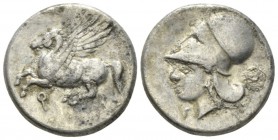 Corinthia, Corinth Stater circa 345-307,, AR 21mm., 8.07g. Pegasus flying to l. Rev. Head of Athena in Corinthian helmet to l., dove to l. in wreath b...