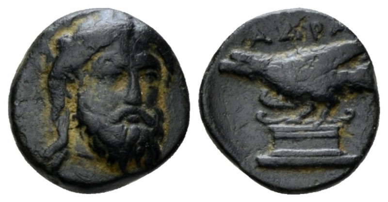 Mysia, Adramyteion Bronze IV cent., AR 13mm., 1.45g. Facing head of Zeus. Rev. B...