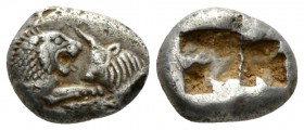 Lydia, Sardis 1/6 Siglos time of Croesus and later circa 560-520, AR 11mm., 1.74g. Confronted foreparts of lion, with extended r. foreleg, and bull. R...