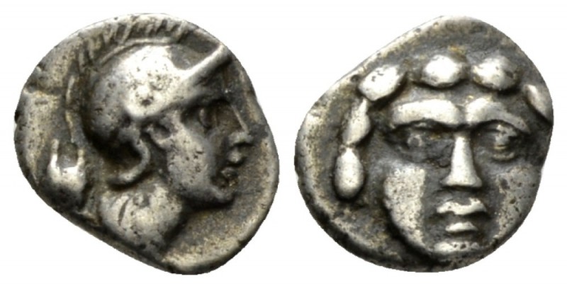 Pisidia, Selge Obol circa 350-300, AR 11mm., 0.92g. Facing gorgoneion. Rev. Helm...