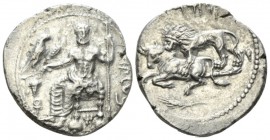 Cilicia, Mazaios, 361-334 Tarsus Stater circa 361-334, AR 23.5mm., 10.34g. Baaltars seated l., holding eagle, grain ear, grapes, and sceptre; monogram...