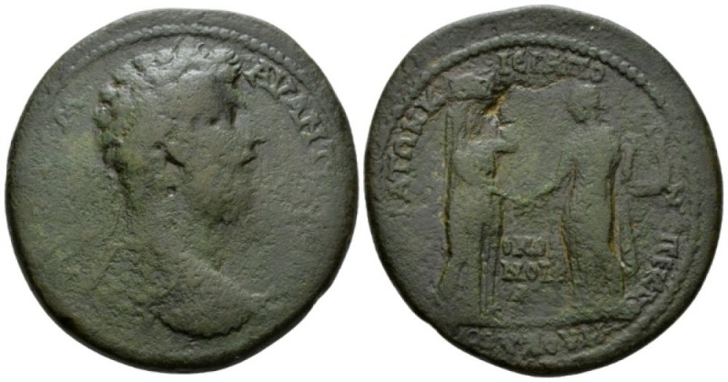 Phrygia, Cybira Homonoia with Hierapolis Marcus Aurelius, 161-180 Medallion circ...